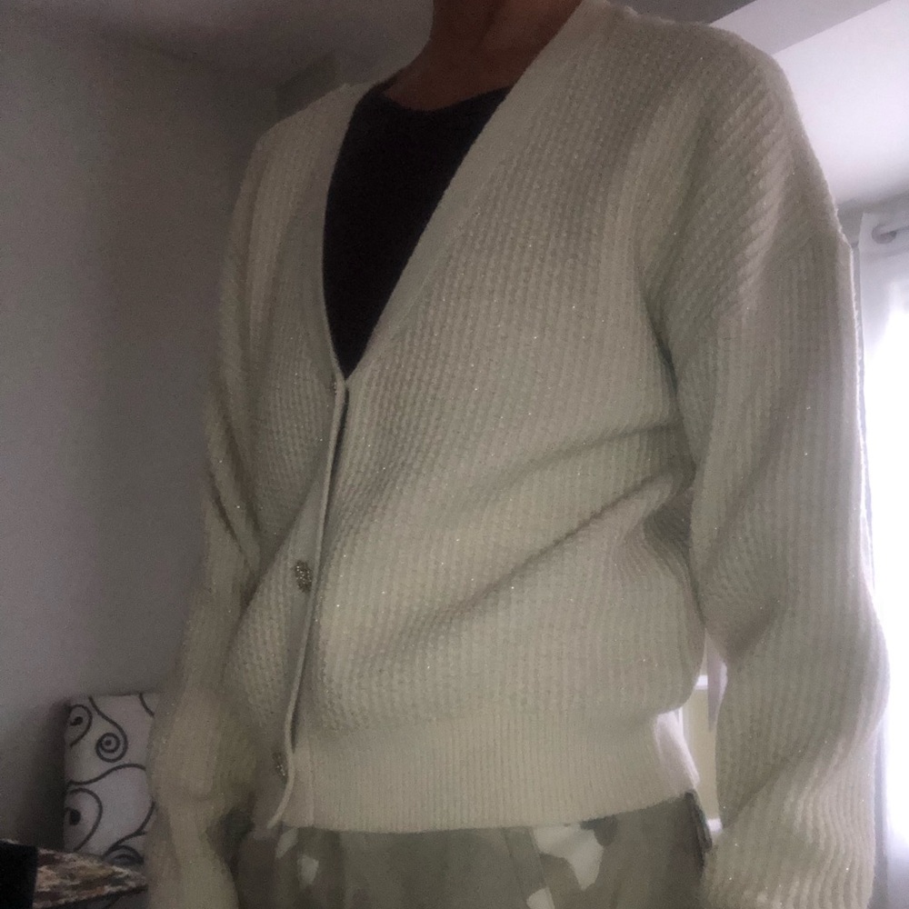 FISHERMEN Ivory chunky slouchy waffle Ribbed Knit Cardigan - Picture 2 of 16
